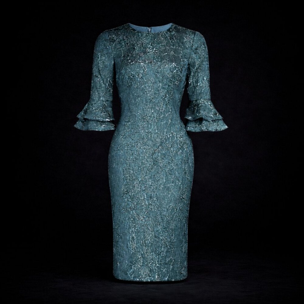 Theia Teal Lace Midi Dress with Tiered Bell Sleeves